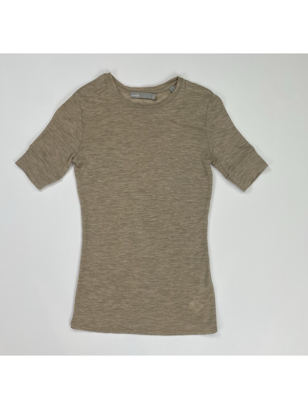 Vince 100% Wool Crewneck Tshirt XS Tan Heather Beige Top Quiet Neutral Layer